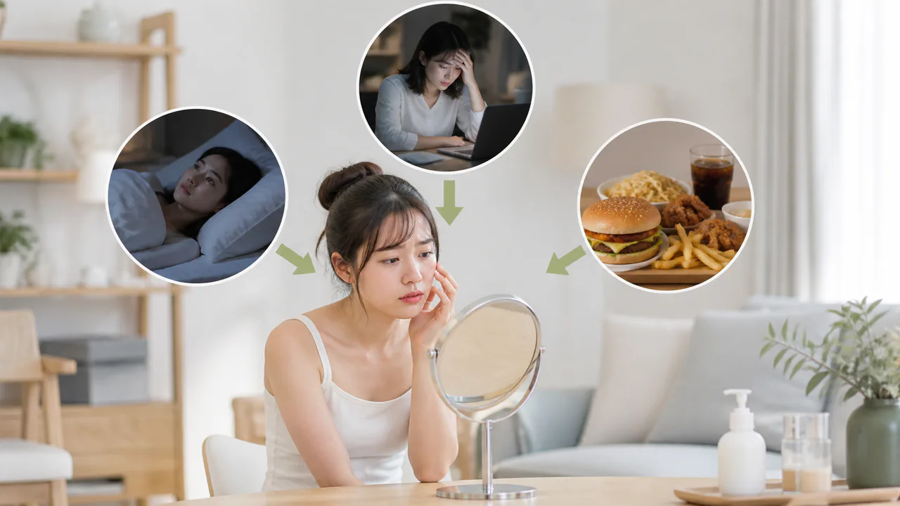 ストレス、睡眠不足、偏った食生活が皮脂の過剰分泌を引き起こす様子