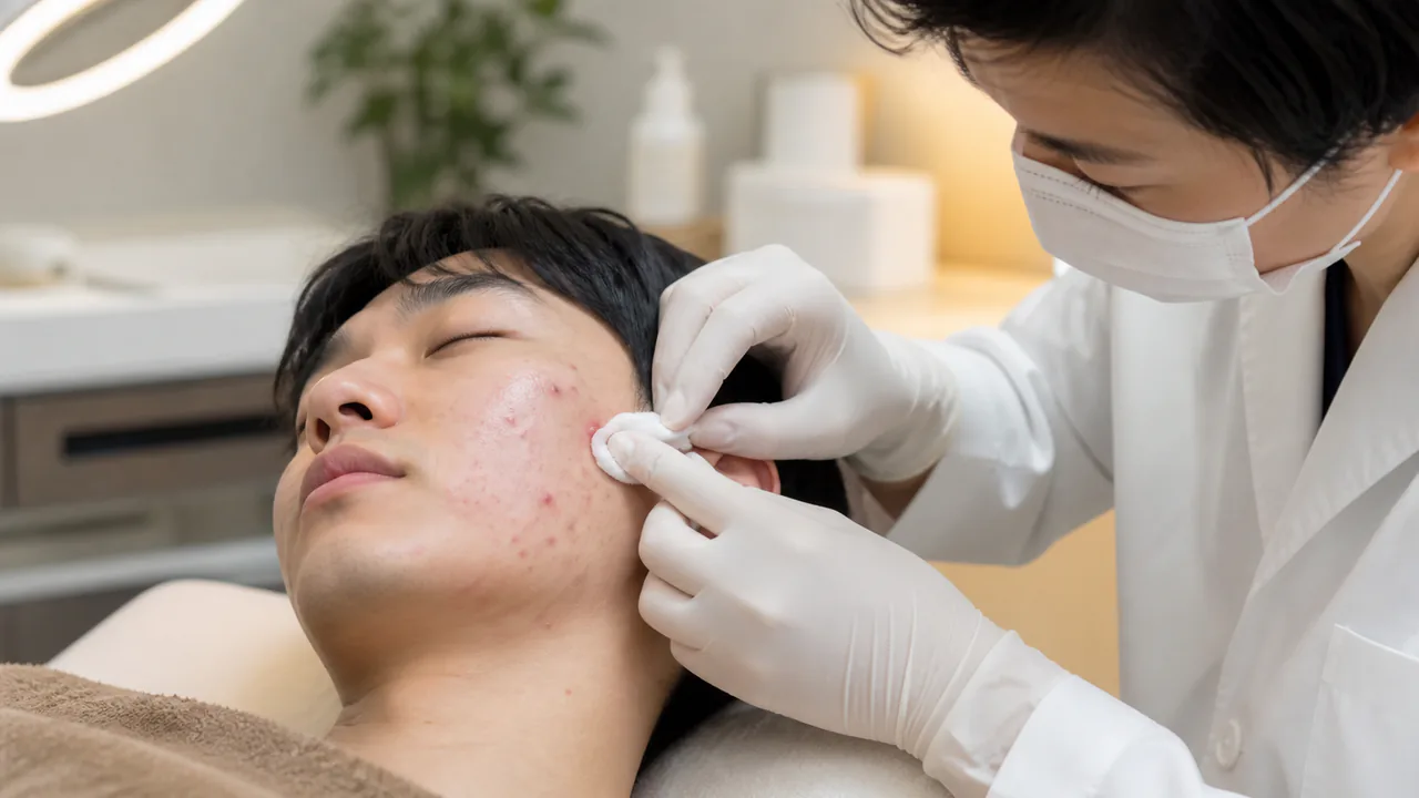 医師が重症ニキビの患部を慎重に圧出処置している様子