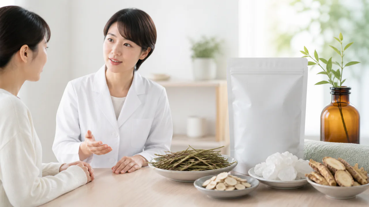 ツムラ85神秘湯のパッケージと主要生薬の麻黄、杏仁、石膏、甘草