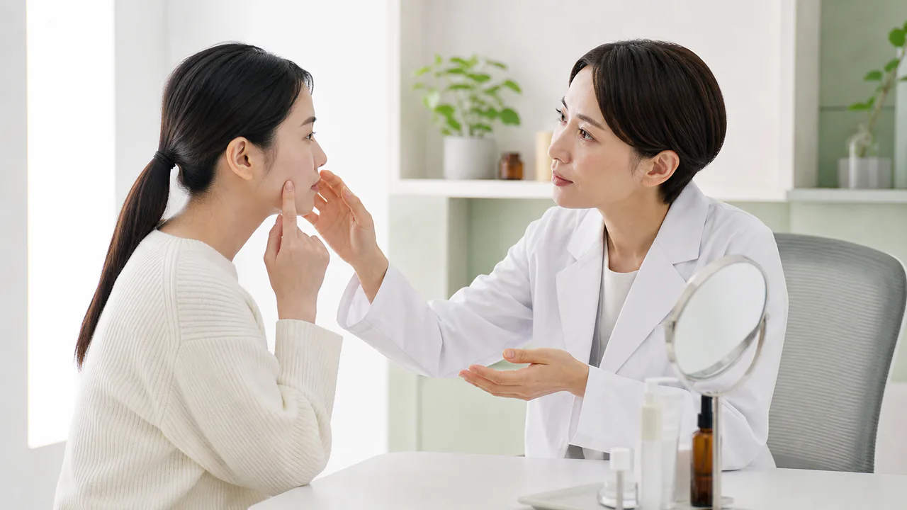 皮膚科医が敏感肌の患者の肌状態を丁寧に診察し、アドバイスしている様子