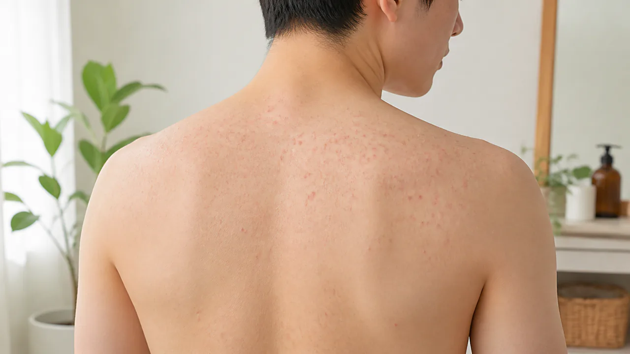 マラセチア毛包炎による背中や胸に広がる小さな赤いブツブツの様子