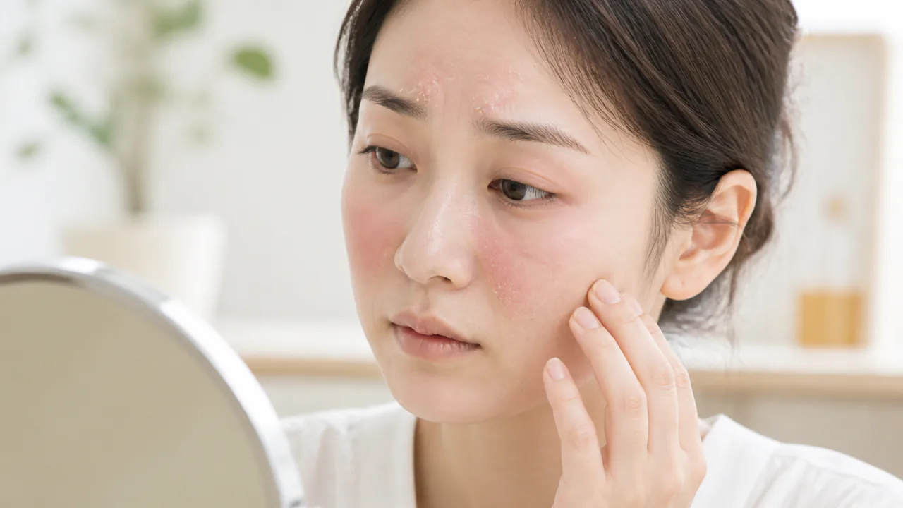 脂漏性皮膚炎で赤くカサつき、フケを伴う顔の皮膚の状態