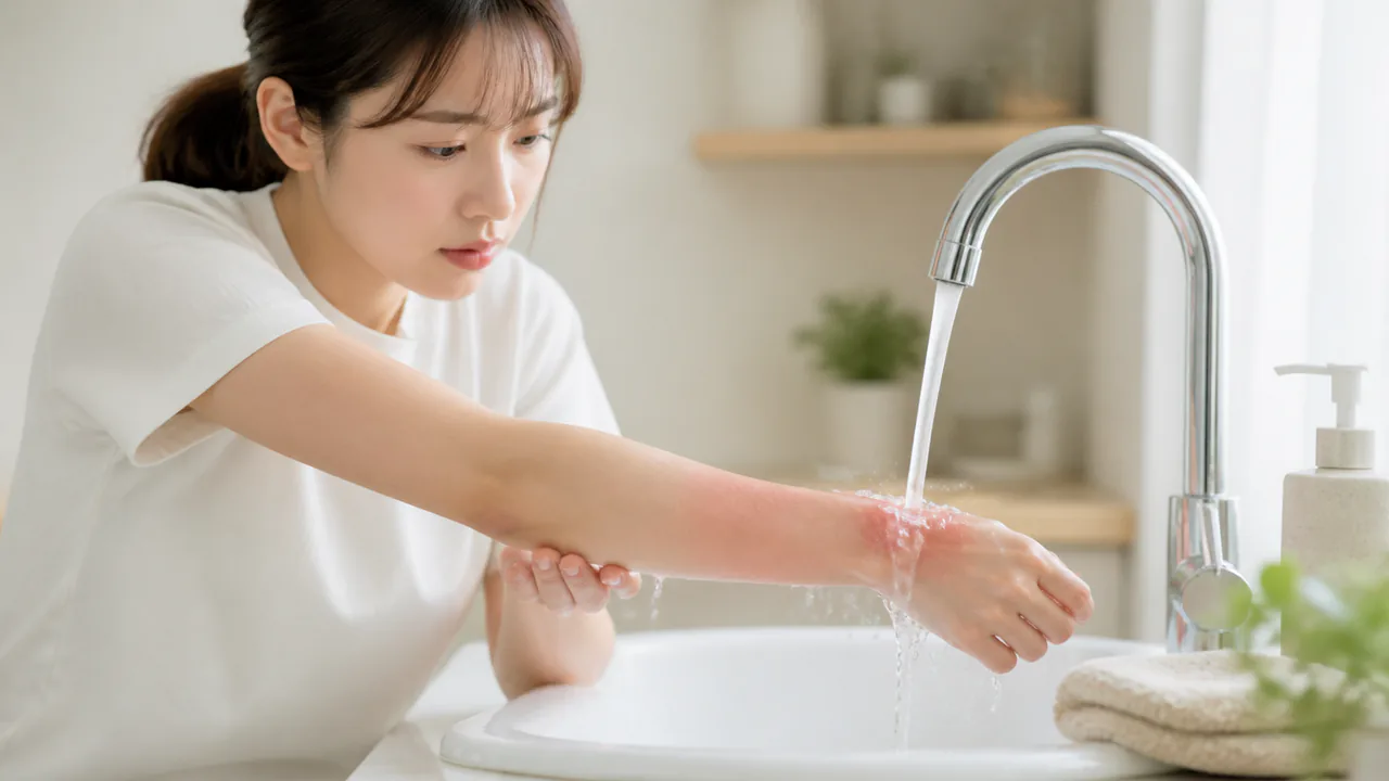 やけどを負った腕を冷水で冷やす応急処置の様子
