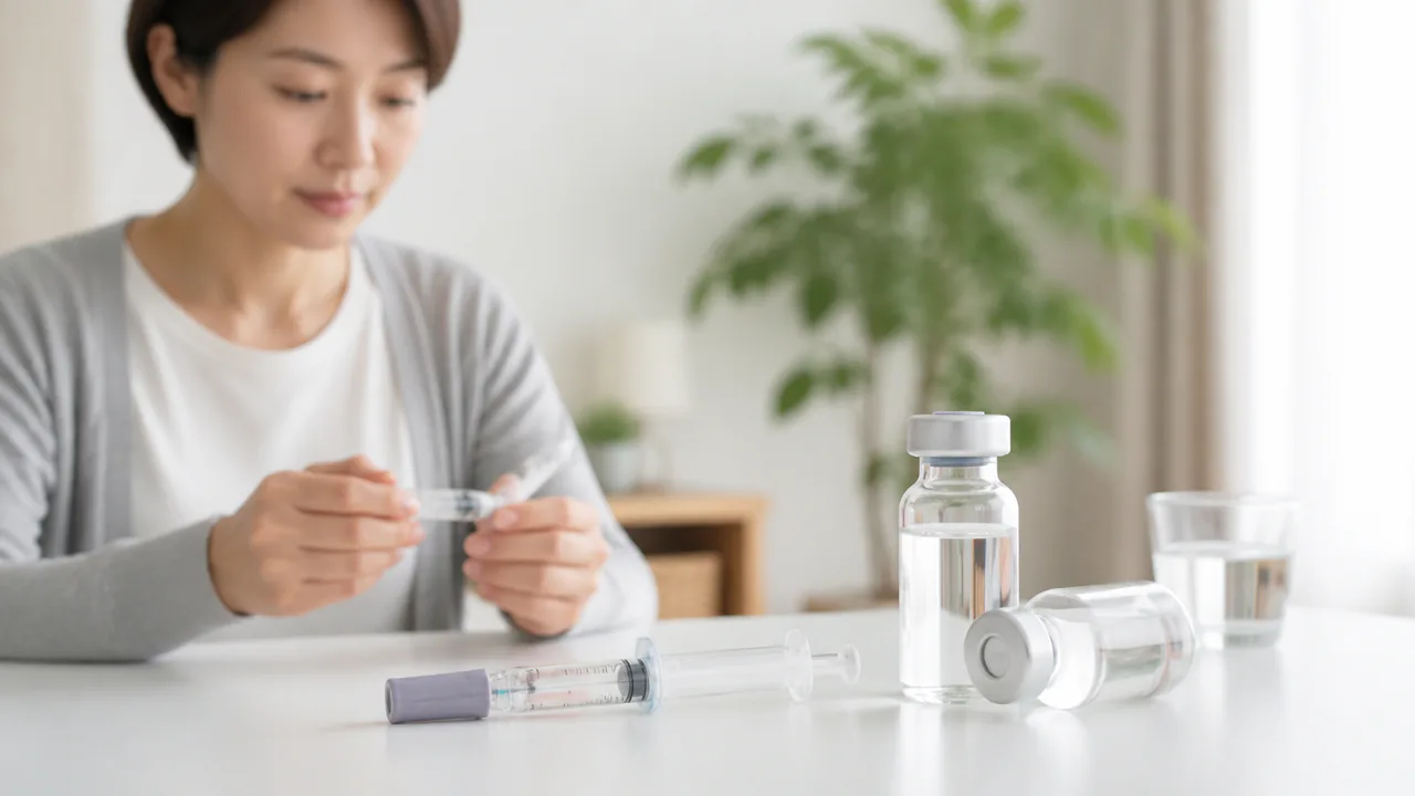 乾癬治療に使われる注射器と生物学的製剤の薬剤ボトル