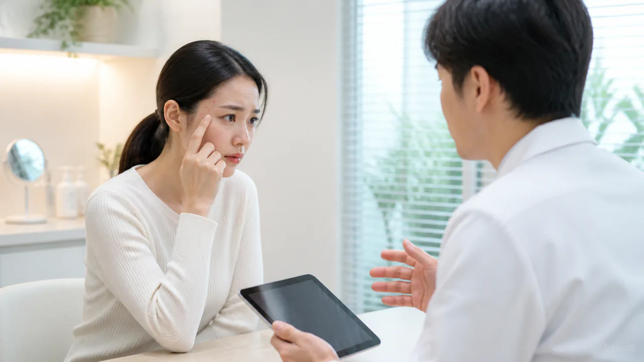 深刻なこめかみニキビで悩む人が医療機関の受診を検討する様子