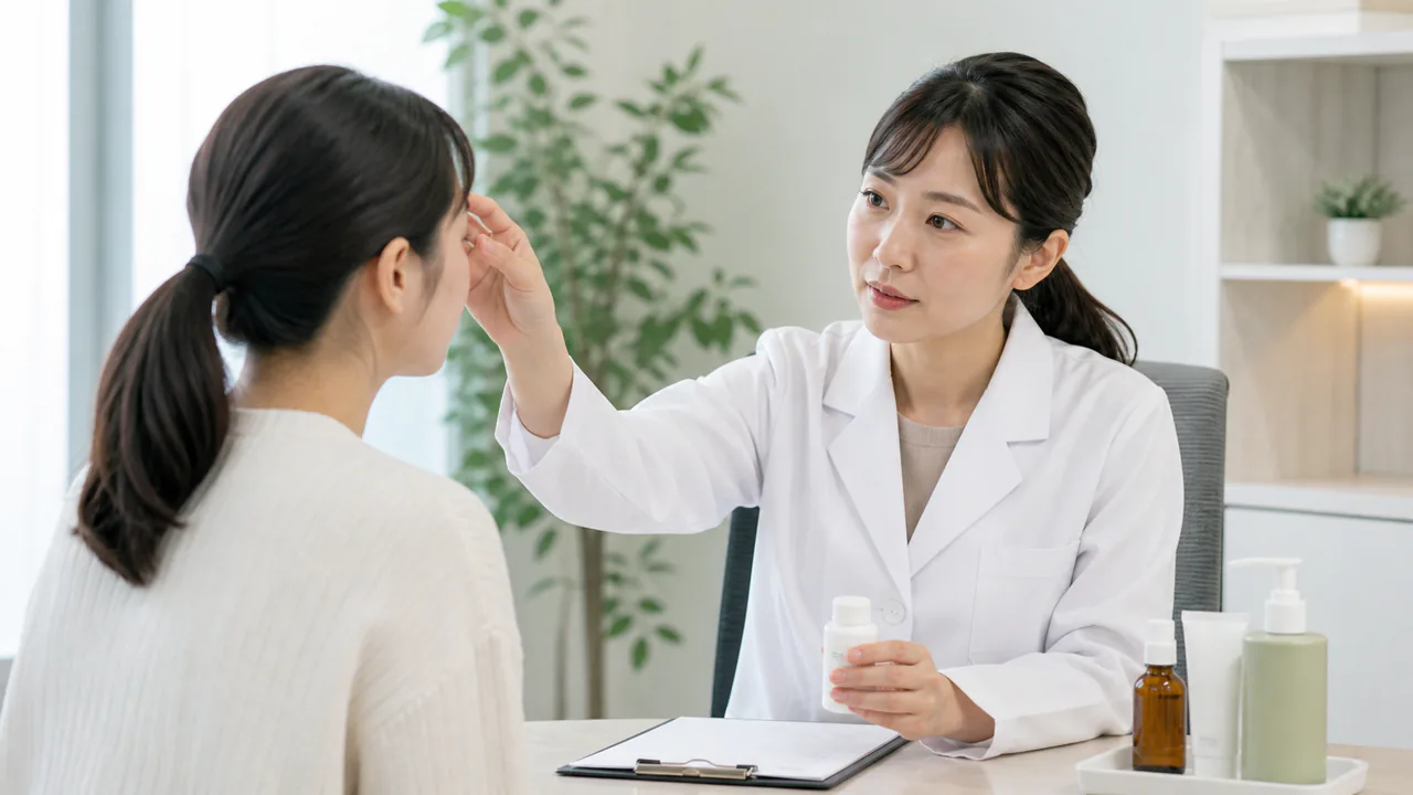 皮膚科医がこめかみニキビを診察し、適切な治療薬を処方する様子