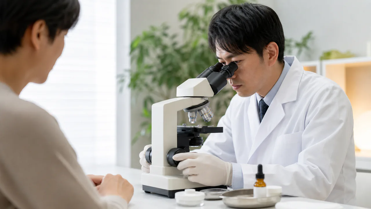 皮膚科医が白癬の患部を顕微鏡で確認し診断する様子