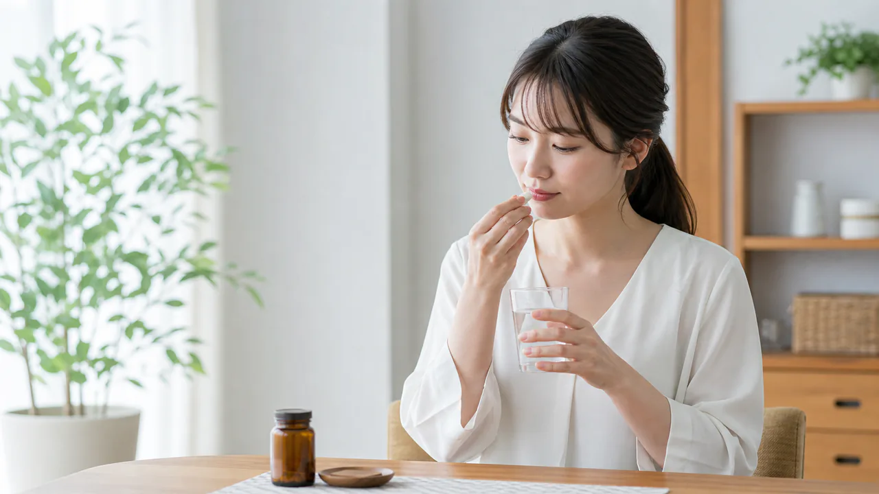 桃核承気湯を服用する女性、用法用量を守り正しく使用する様子