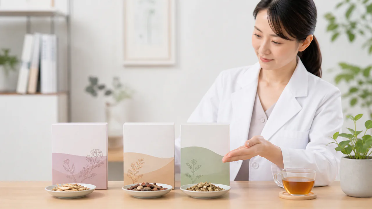 当帰芍薬散と桂枝茯苓丸、加味逍遙散のパッケージが並べられ、冷え性改善薬の違いを比較