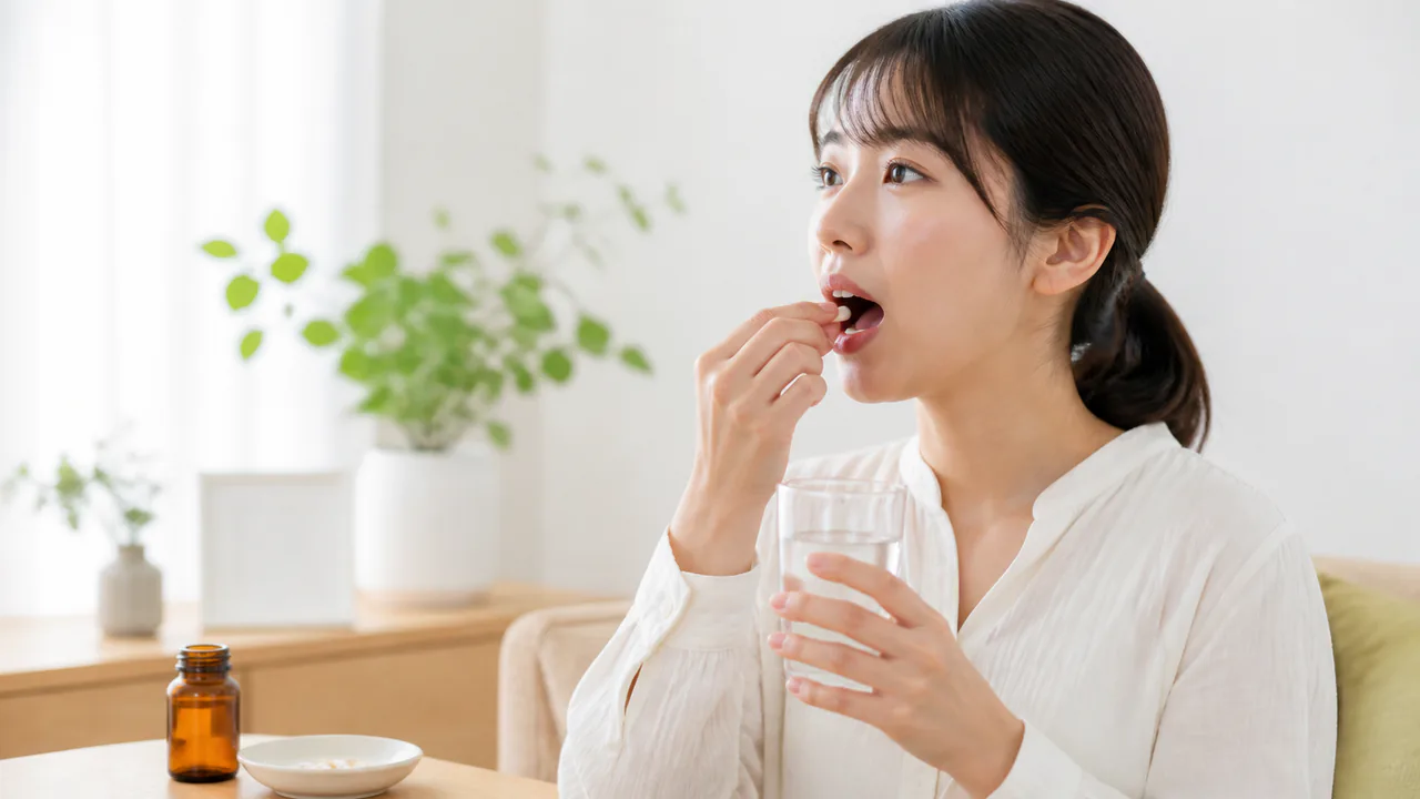 当帰芍薬散を服用する女性が水と共に薬を飲む様子、正しい用法を示す