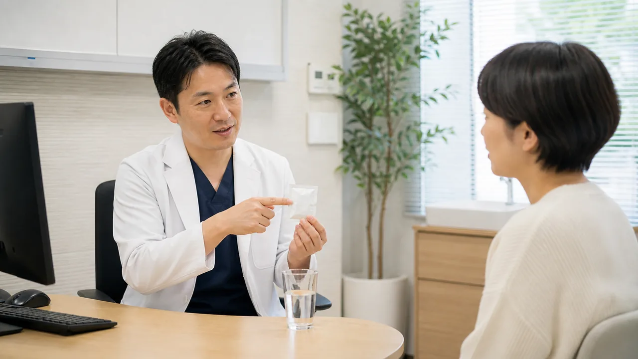 桂枝茯苓丸加薏苡仁の服用方法を患者に説明する医師