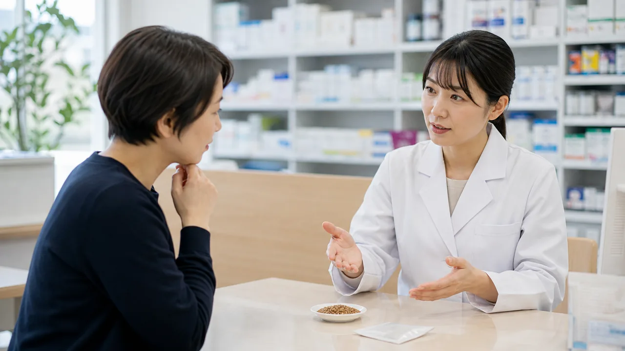 桂枝茯苓丸加薏苡仁について患者の質問に答える薬剤師