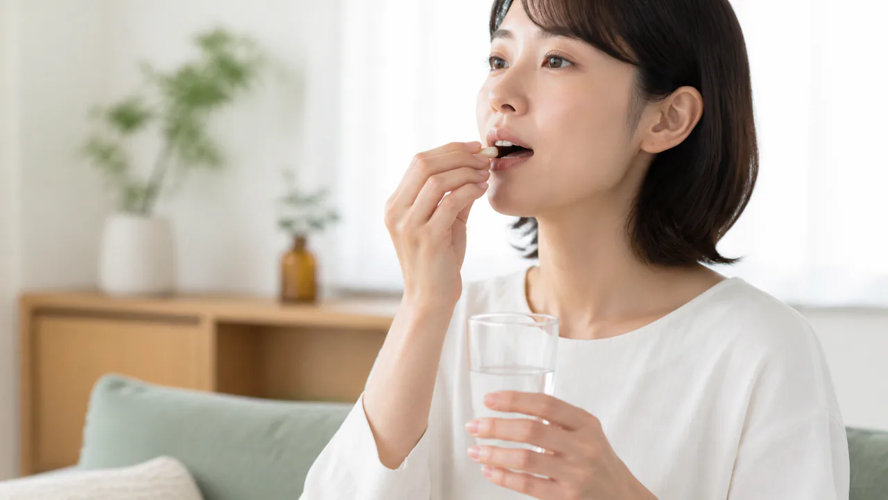 温経湯の錠剤と水が入ったコップを手に持つ女性の服用風景