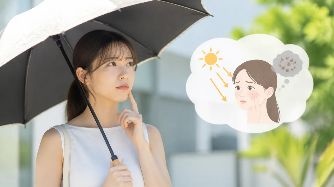 日傘をさしてニキビと紫外線の関係性について考える女性の表情