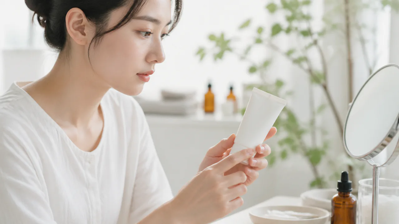 敏感なニキビ肌に優しい日焼け止め、成分を確認する手元