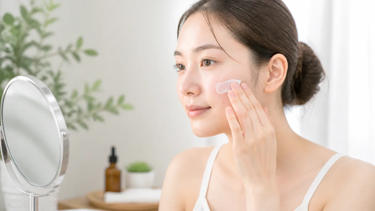日焼け止めを塗る女性の顔、ニキビ予防と肌の健康を守る紫外線対策
