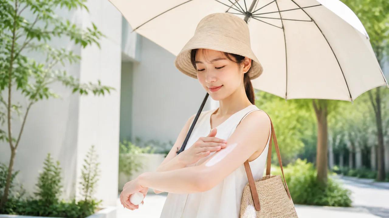 日焼け止めを顔や腕に塗布し、日傘や帽子で紫外線を効果的に防ぐ女性