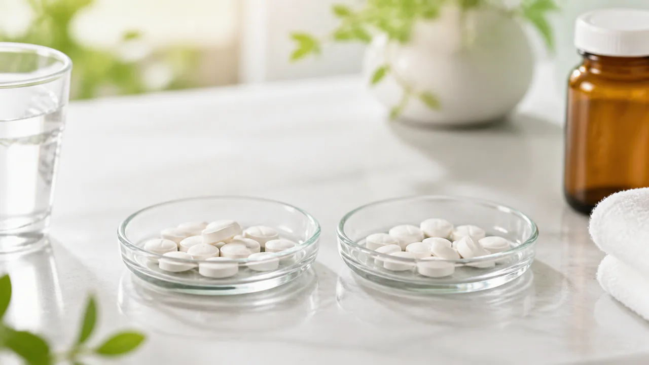 ビスダームとジェネリック医薬品の錠剤が並び、同等性と経済性を比較