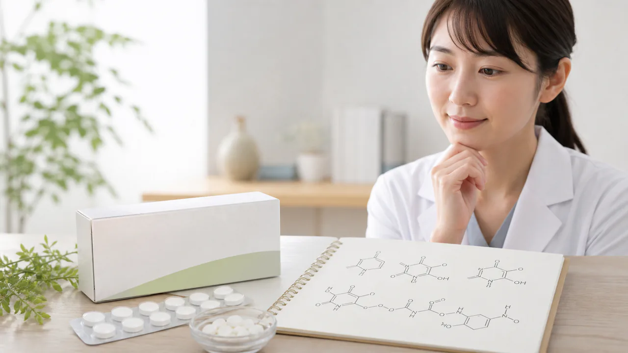 ビタノイリン錠剤のパッケージと主要なビタミンB群成分の構造式