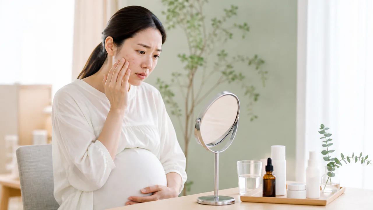 妊娠中の女性が肌トラブルに悩む様子、安全な治療薬の選択肢