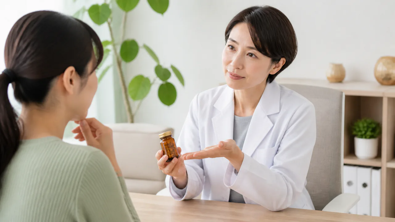医師が患者の質問に丁寧に答える様子、抑肝散の副作用や不眠への効果について説明
