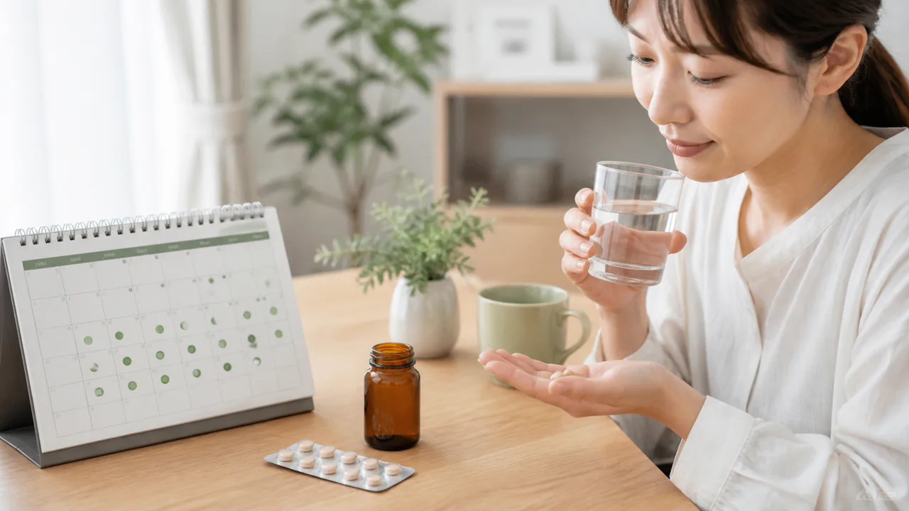 抑肝散の服用方法を示すカレンダーと薬のシート、正しい用量で不眠改善を目指す