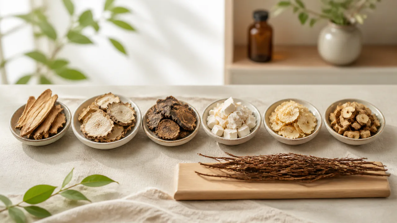 抑肝散の生薬成分である柴胡、当帰、川芎、茯苓、白朮、甘草、釣藤鈎が並べられた様子