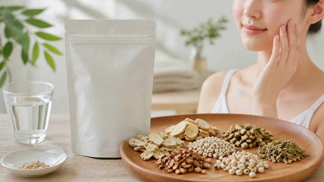 ツムラ52薏苡仁湯のパッケージと漢方薬の原料生薬、肌荒れ改善に期待
