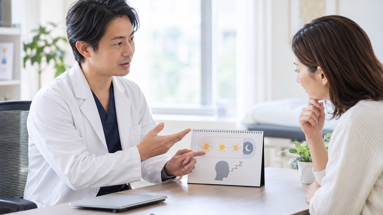 服薬の時刻と眠気への注意を医療者と相談するイメージ