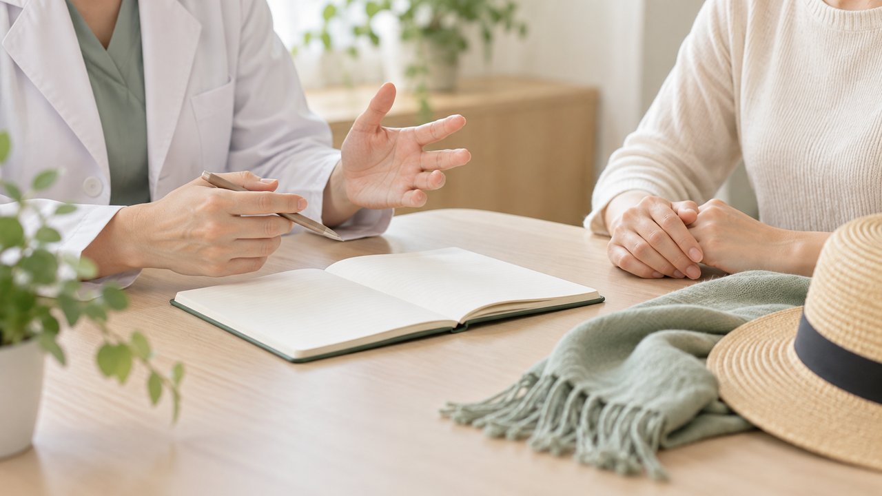 じんましんの誘因と症状の記録を医師と相談するイメージ。実際の患者や処方を示すものではありません